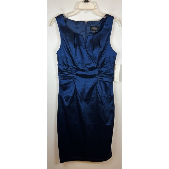 ADRIANNA PAPELL Blue Shimmer Sheath Dress 8 Ruched Split Neck Party Cocktail NEW - Picture 1 of 14